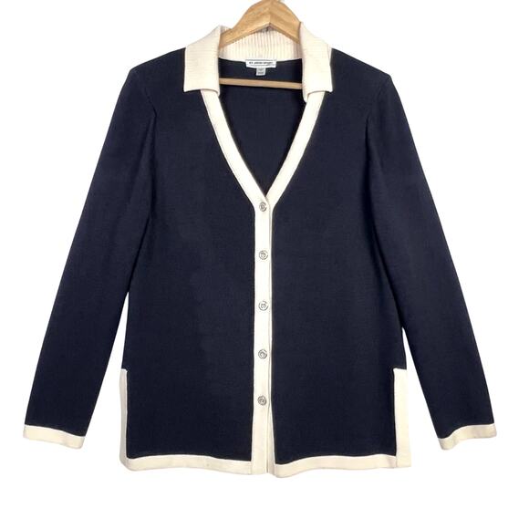 St John Sport Wool SANTANA Knit Black Cream Texture Button Front Long Cardigan M - Picture 1 of 13